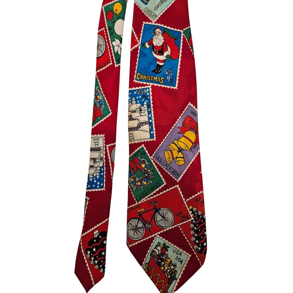 Vintage Company B Mens Christmas Postage Stamp Silk Look Red‎ Holiday Necktie